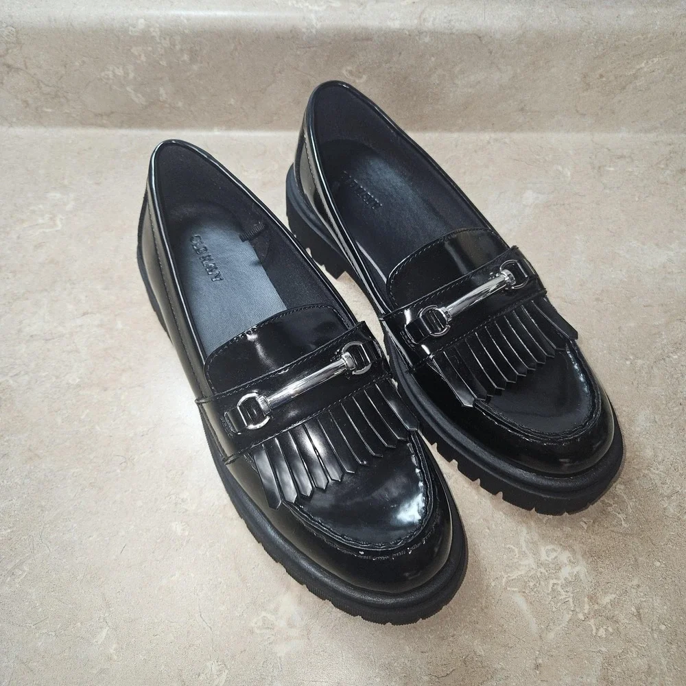 Lug Sole Loafer Shoes Women 9 Black Platform Sole‎ Kiltie Fringe Horsebite
